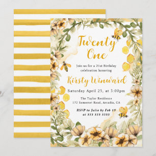 Invitación Acuarela Abejas y Flores de Verano Cumpleaños 21