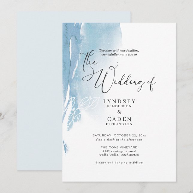 Invitación Acuarela Abstract Blue White Floral Boda Invi (Anverso / Reverso)