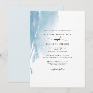 Invitación Acuarela Abstracto Azul Blanco Floral Boda Chic