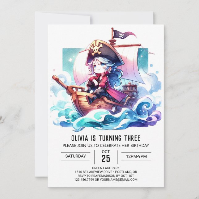 Invitación Acuarela Adorable Pirata Cumpleaños (Anverso)