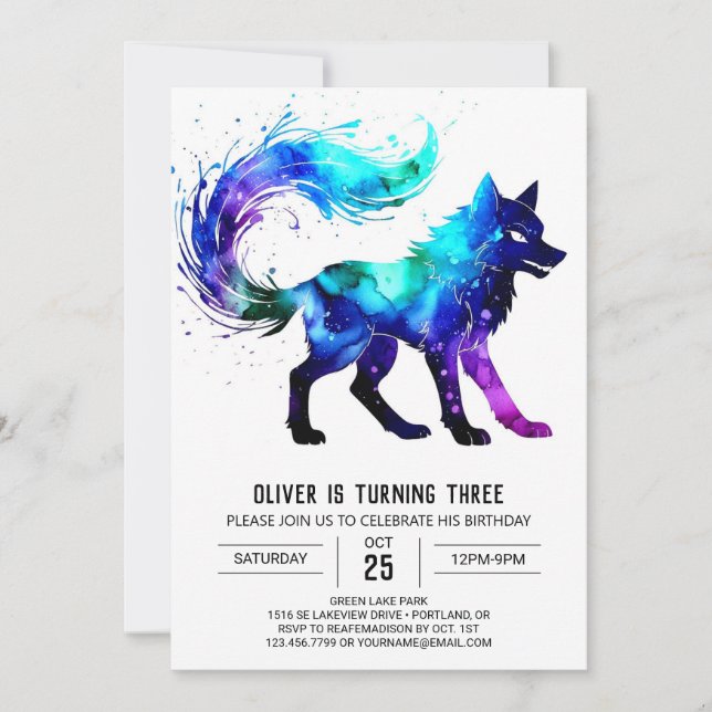 Invitación Acuarela Adorable Wolf Digital Boy Cumpleaños (Anverso)