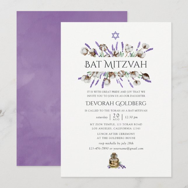 Invitación Acuarela Algodón Lavanda Bat Mitzvah (Anverso / Reverso)