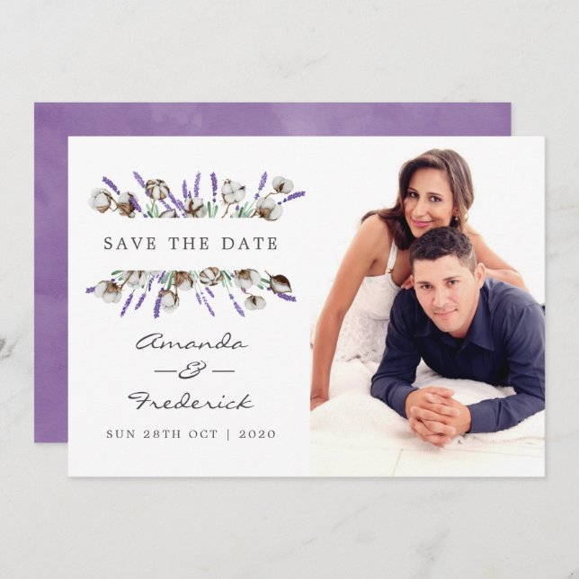 Invitación Acuarela Algodón Lavanda Boda Save the Date (Anverso / Reverso)