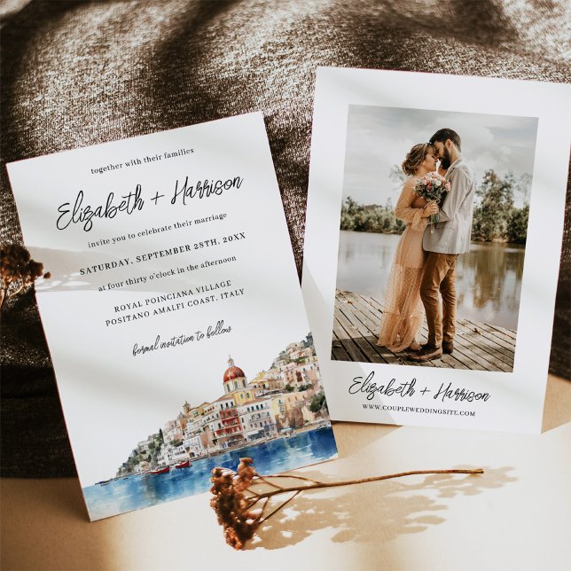 Invitación Acuarela Amalfi Costa Italia Boda Foto (Capture the romance of Italy with our watercolor Amalfi Coast wedding invitations.)