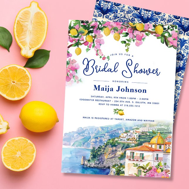 Invitación Acuarela Amalfi Costa Rosa Lemons Bridal Ducha (Watercolor Amalfi Coast Pink Lemons Bridal Shower Invitation)