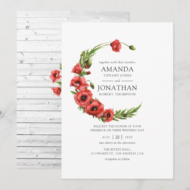 Invitación Acuarela Amapola Roja Boda Rústica de Campo (Anverso / Reverso)