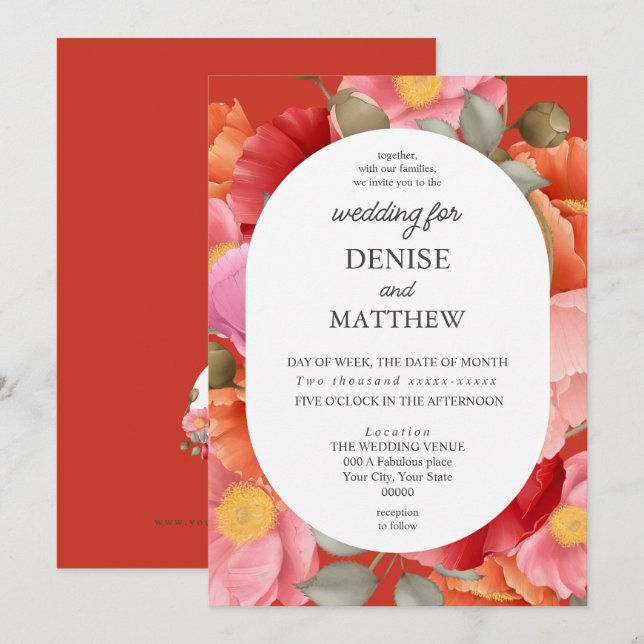 Invitación Acuarela Amapola sobre Poinciana Rojo (Anverso / Reverso)