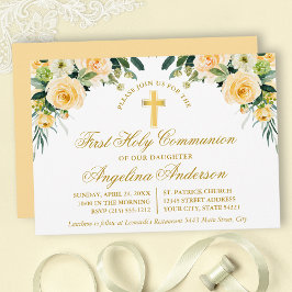 Invitación Acuarela Amarillo Floral Comunión Oro