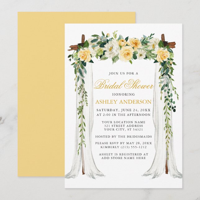 Invitación Acuarela Amarillo Floral Cubierta Bridal Shower (Anverso / Reverso)