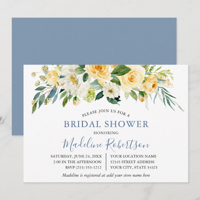 Invitación Acuarela Amarillo Floral Duste Blue Bridal Shower (Anverso / Reverso)