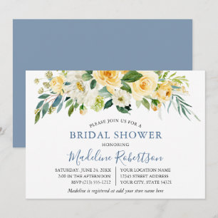 Invitación Acuarela Amarillo Floral Duste Blue Bridal Shower