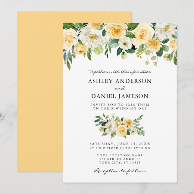 Invitación Acuarela Amarillo Floral Elegante Boda (Anverso / Reverso)