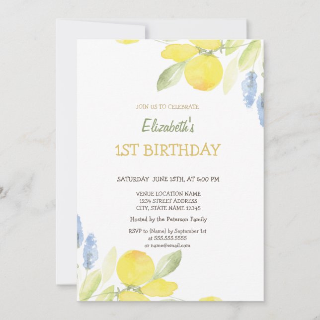 Invitación Acuarela Amarillo Flores de Lemones Cumpleaños (Anverso)