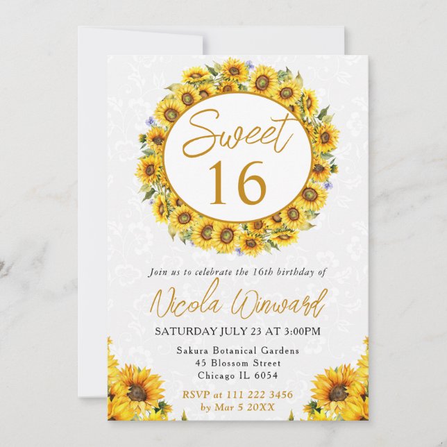 Invitación Acuarela Amarillo girasoles Wreath Sweet 16 (Anverso)