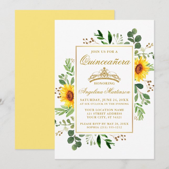 Invitación Acuarela Amarillo giratorio vegetación Quinceanera (Anverso / Reverso)