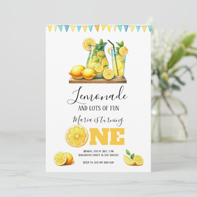 Invitación Acuarela Amarillo Lemonade Primer Fiesta de cumple (Anverso de pie)