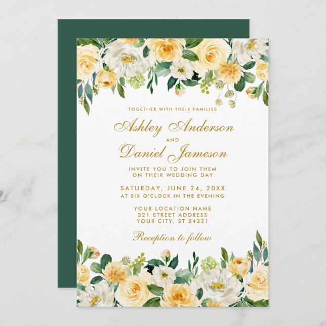 Invitación Acuarela Amarillo Oro Verde Boda Elegante (Anverso / Reverso)