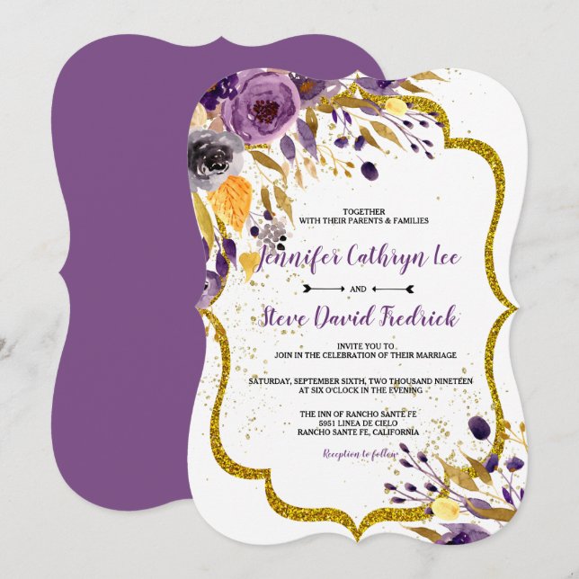 Invitación Acuarela Ametist Boda Floral Purple Gold (Anverso / Reverso)