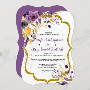 Invitación Acuarela Ametist Boda Floral Purple Gold