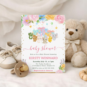 Invitación Acuarela Amigos Animales Florales Baby Shower