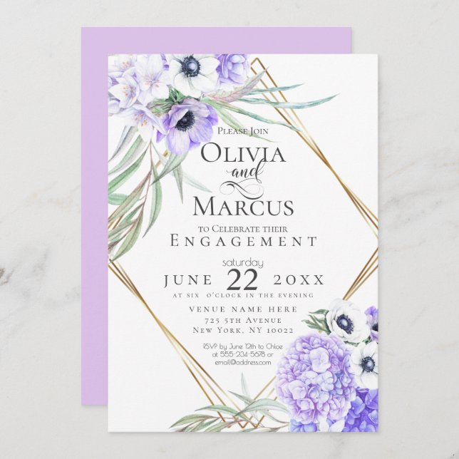 Invitación Acuarela Anémona Violeta Floral Marco Geométrico (Anverso / Reverso)