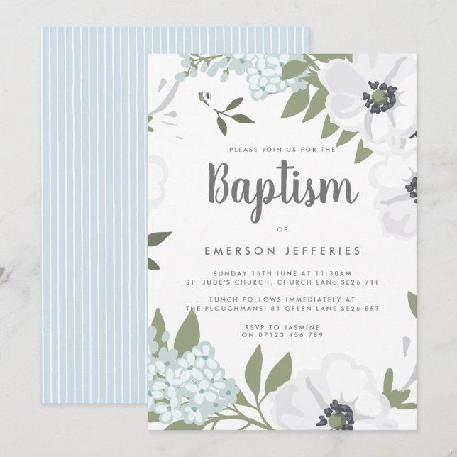 Invitación Acuarela Anemone Blue Baptism (Anverso / Reverso)