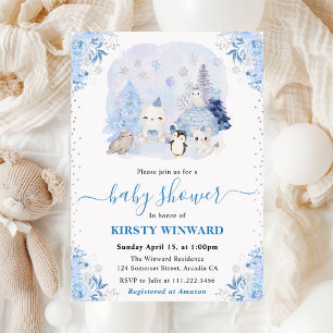 Invitación Acuarela Animales Árticos de Invierno Baby Shower