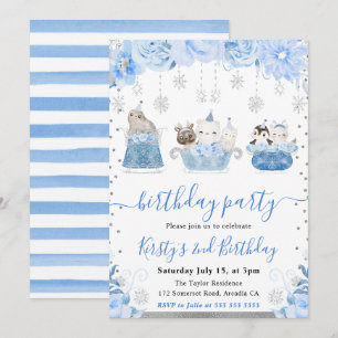 Invitación Acuarela Animales Árticos Florales Cumpleaños