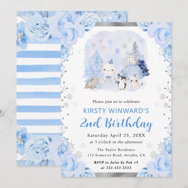Invitación Acuarela Animales Árticos Florales Segundo Cumplea (Anverso / Reverso)