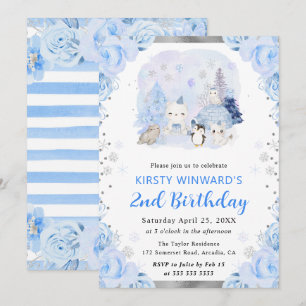 Invitación Acuarela Animales Árticos Florales Segundo Cumplea