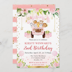 Invitación Acuarela Animales de la Jungla Rosa Niños Cumpleañ