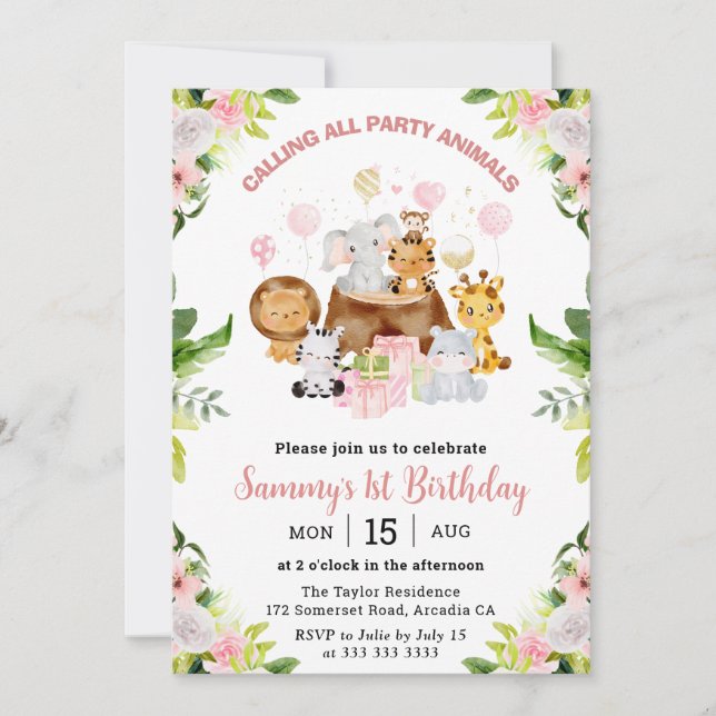 Invitación Acuarela Animales de la Jungla Rosa Niños Cumpleañ (Anverso)