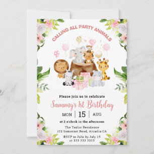 Invitación Acuarela Animales de la Jungla Rosa Niños Cumpleañ