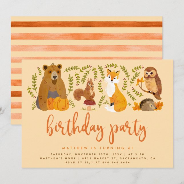 Invitación Acuarela Animales del bosque de Woodland Cumpleaño (Anverso / Reverso)