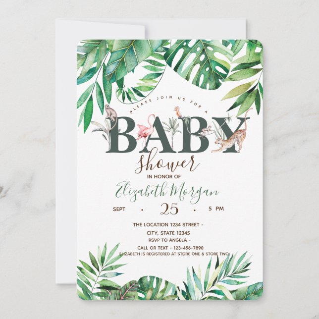 Invitación Acuarela Animales salvajes Palm deja Baby Shower (Anverso)