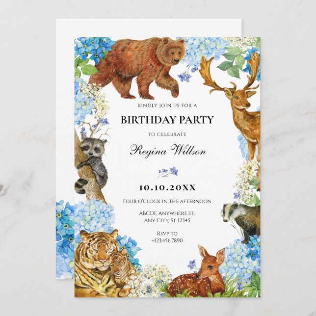 Invitación Acuarela Animales Vida silvestre floral (Anverso / Reverso)