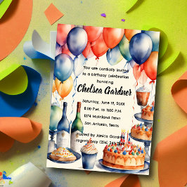 Invitación Acuarela Aniversario de la Comida de Pastel de Vin