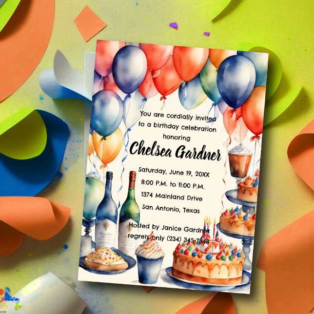 Invitación Acuarela Aniversario de la Comida de Pastel de Vin (Subido por el creador)