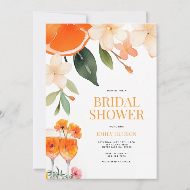 Invitación Acuarela Aperol Spritz Bridal Shower (Anverso)