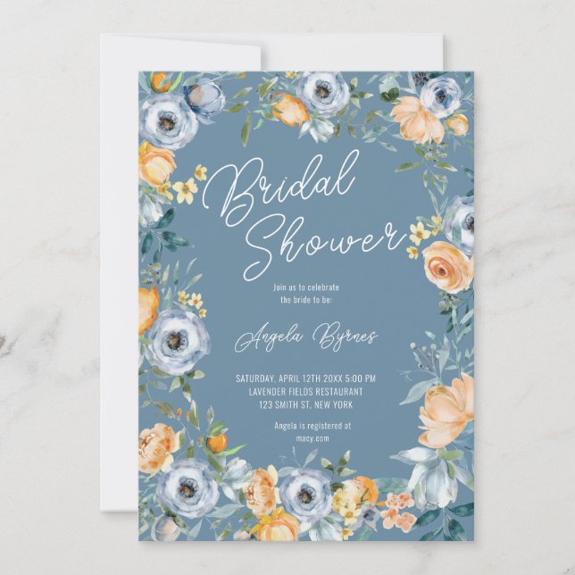 Invitación Acuarela Apricot Pastel Azul Flores salvajes (Anverso)