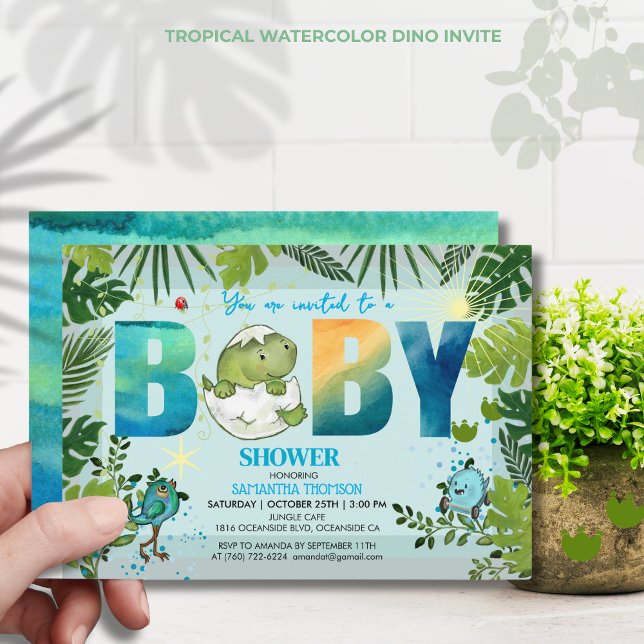 Invitación Acuarela Aqua Dino Tropical deja Baby Shower ( Watercolor Aqua Dino Tropical Leaves Baby Shower Invitation)