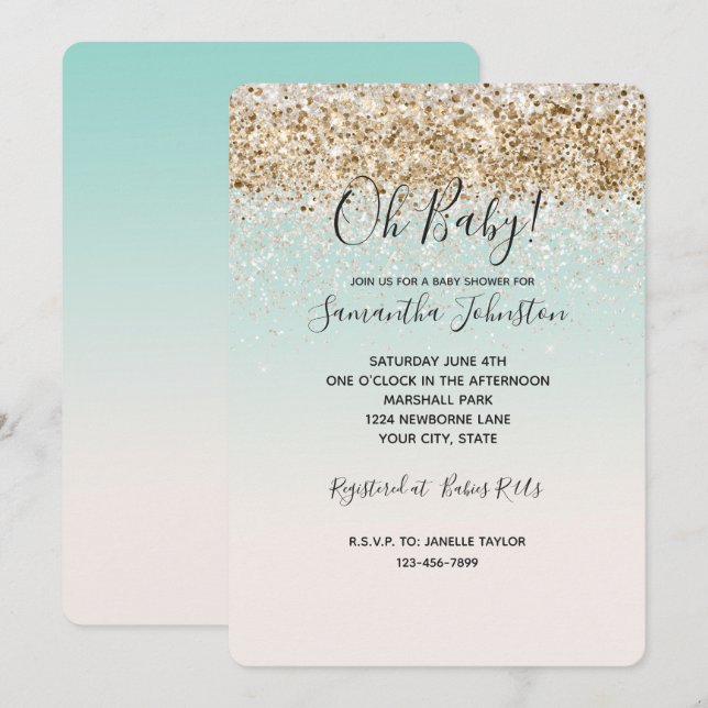 Invitación Acuarela Aqua Ombre purpurina blanco confetti dora (Anverso / Reverso)