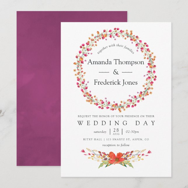 Invitación Acuarela Aquarelle Boda de flores silvestres (Anverso / Reverso)