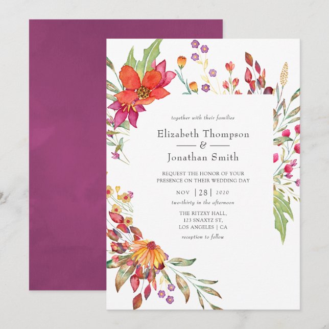 Invitación Acuarela Aquarelle Boda de flores silvestres (Anverso / Reverso)