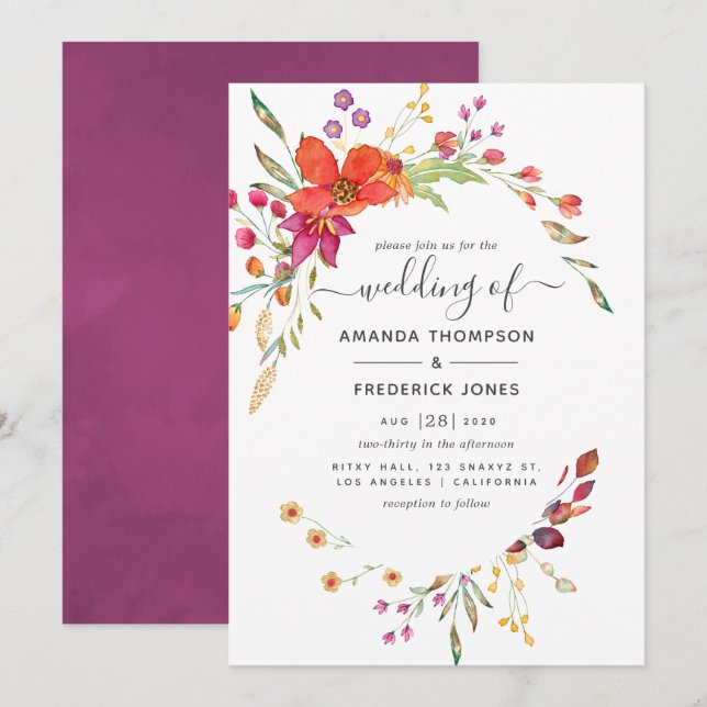 Invitación Acuarela Aquarelle Boda de flores silvestres (Anverso / Reverso)