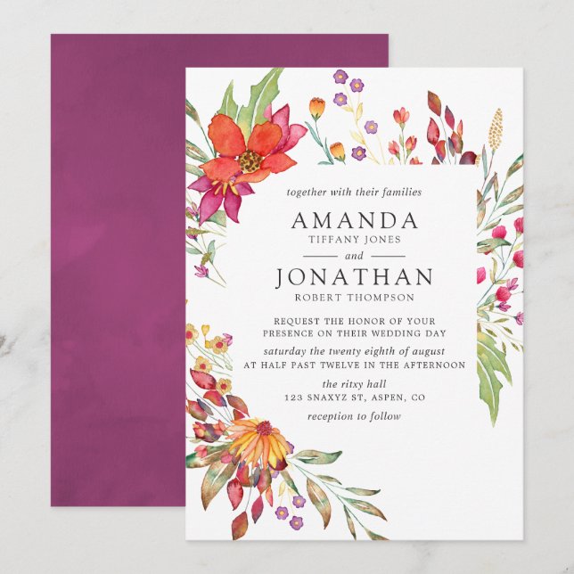 Invitación Acuarela Aquarelle Boda de flores silvestres (Anverso / Reverso)