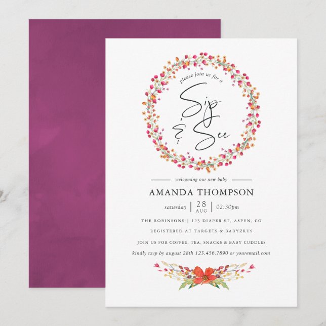 Invitación Acuarela Aquarelle Wild Flower Sip y See (Anverso / Reverso)