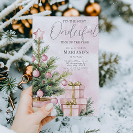 Invitación acuarela Árbol de Navidad Rosa 1er cumpleaños