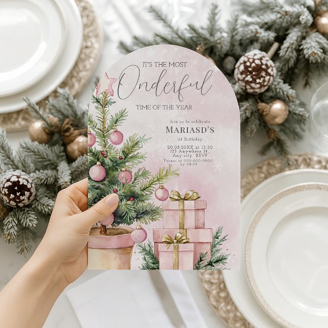 Invitación acuarela Árbol de Navidad Rosa 1er cumpleaños (Subido por el creador)