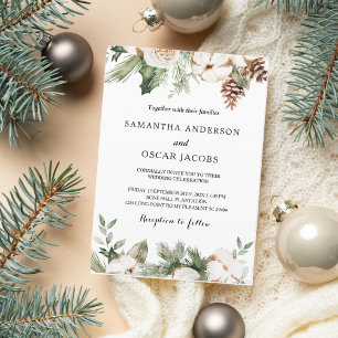 Invitación Acuarela árbol de pino verde de invierno y flores 